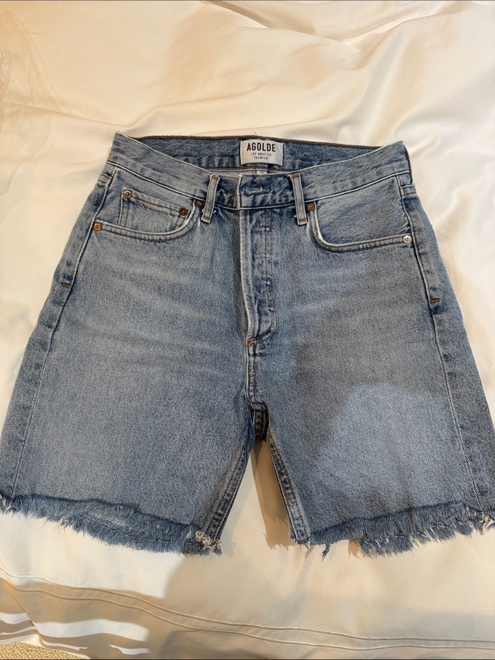 Agolde Faded Light Blue High-Rise Denim Shorts with Frayed Hem